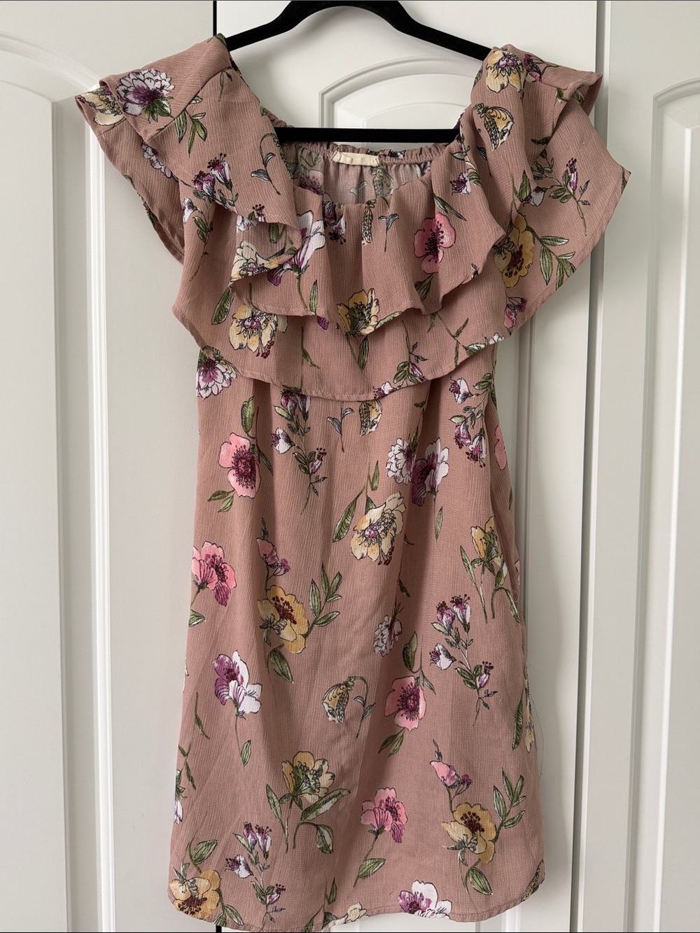 Altar'd State Mauve Floral Ruffle Off-Shoulder Dress